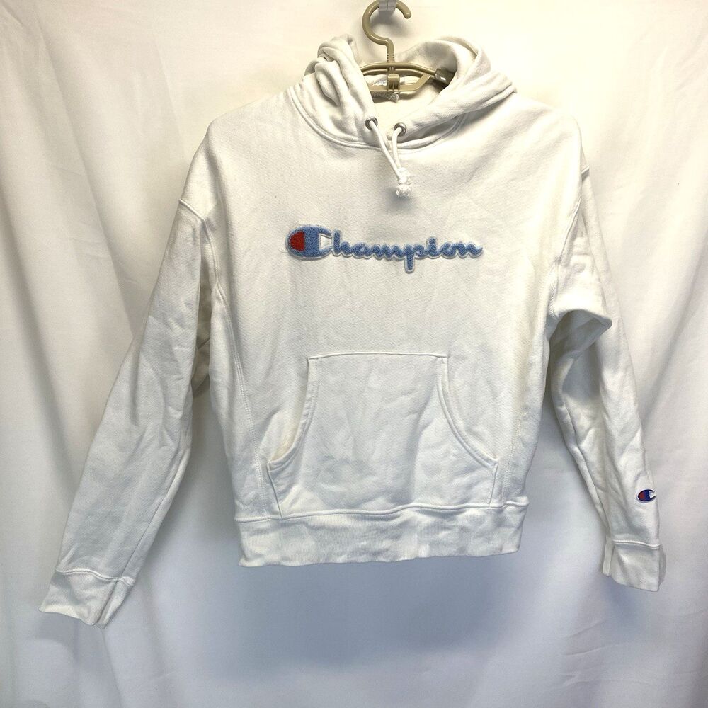 Champion Embroidered Script Logo Pullover Hoodie White Sweatshirt Men's S FLAW